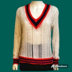 VTG ENDLESS ROSE Lace Knit Trim V-Neck Preppy Varsity Peekaboo Beach Sweater